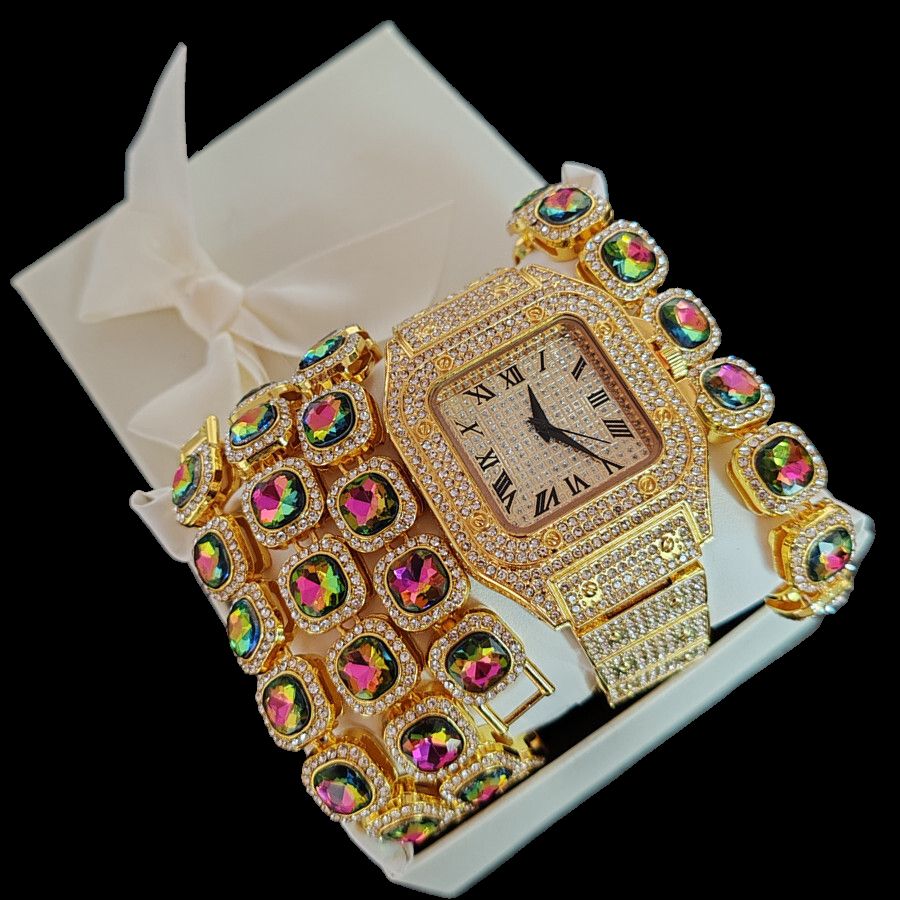 3pcs/set Luxury Gold Hip-hop Men's Ice Watch Jewelry Set Diamond Quartz Watches Bracelet Necklace European and American Rapper Fashion Accessories
