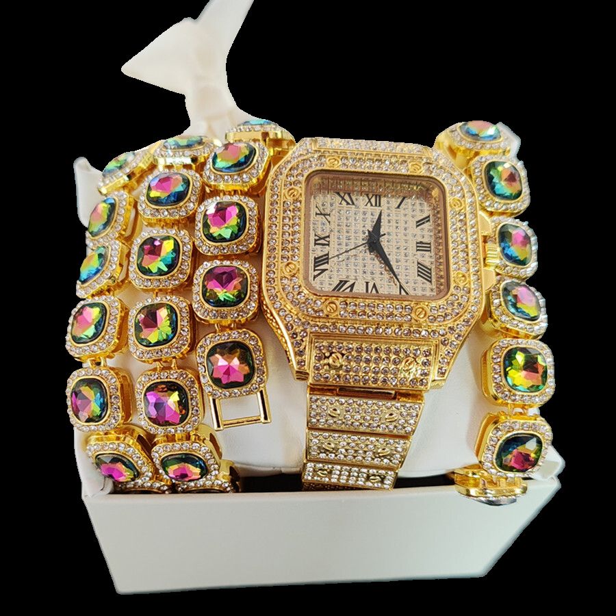 3pcs/set Luxury Gold Hip-hop Men's Ice Watch Jewelry Set Diamond Quartz Watches Bracelet Necklace European and American Rapper Fashion Accessories