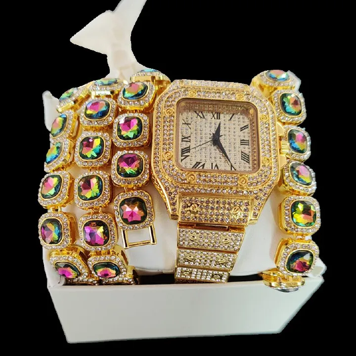 3pcs/set Luxury Gold Hip-hop Men's Ice Watch Jewelry Set Diamond Quartz Watches Bracelet Necklace European and American Rapper Fashion Accessories