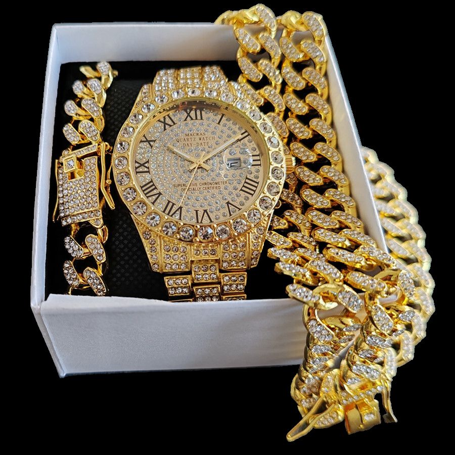 3pcs/set Hip-hop Diamond Necklace Bracelet Men's Watch Set Silver Quartz Ice Watch Male Student Steel Band Metal Calendar Cuban Chain Set Watch