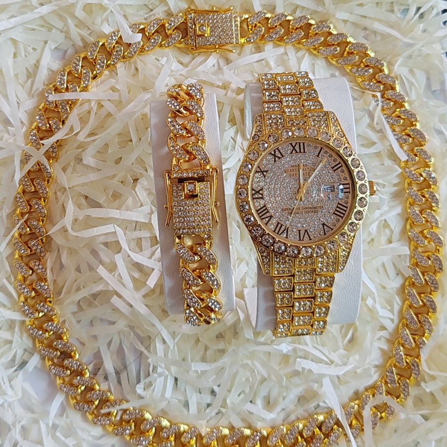 3pcs/set Hip-hop Diamond Necklace Bracelet Men's Watch Set Silver Quartz Ice Watch Male Student Steel Band Metal Calendar Cuban Chain Set Watch