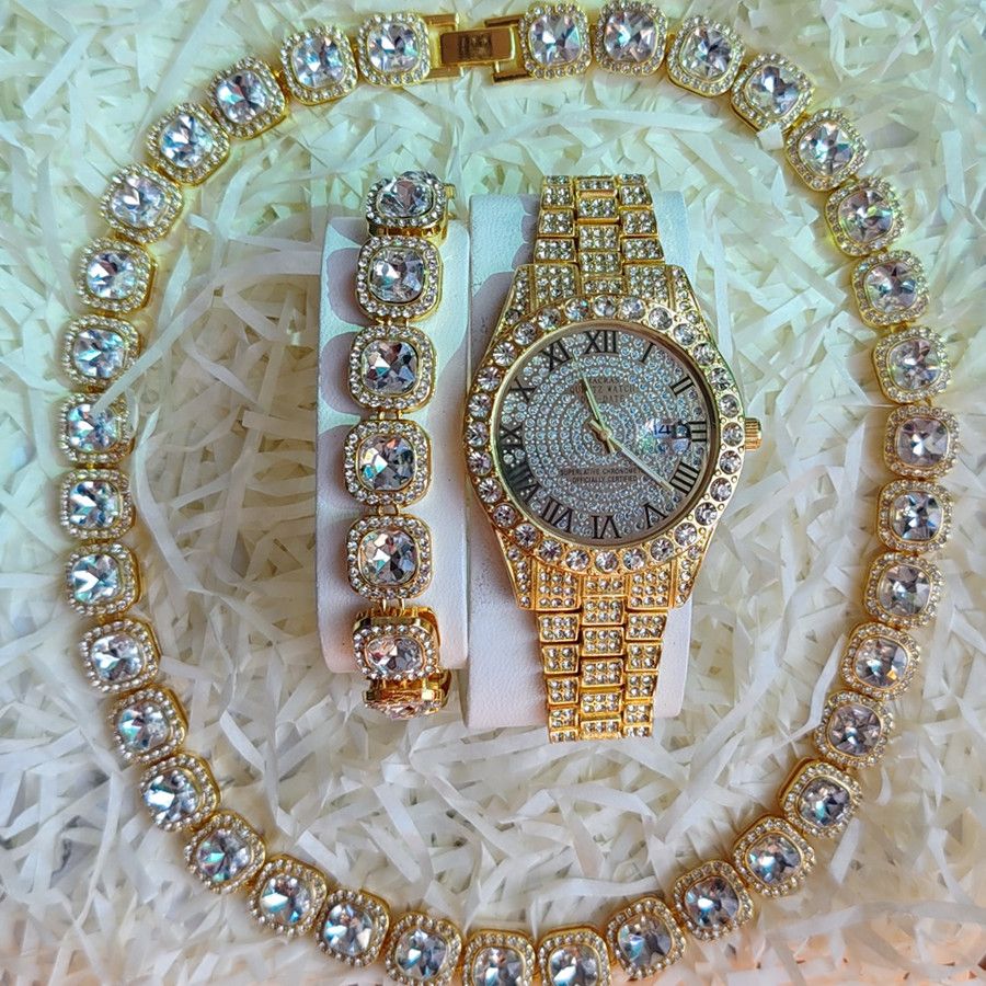 3pcs/set Hip-hop Diamond Necklace Bracelet Men's Watch Set Silver Quartz Ice Watch Male Student Steel Band Metal Calendar Cuban Chain Set Watch