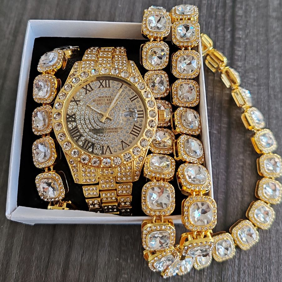 3pcs/set Hip-hop Diamond Necklace Bracelet Men's Watch Set Silver Quartz Ice Watch Male Student Steel Band Metal Calendar Cuban Chain Set Watch