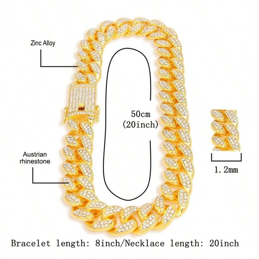3pcs/set Hip-hop Diamond Necklace Bracelet Men's Watch Set Silver Quartz Ice Watch Male Student Steel Band Metal Calendar Cuban Chain Set Watch