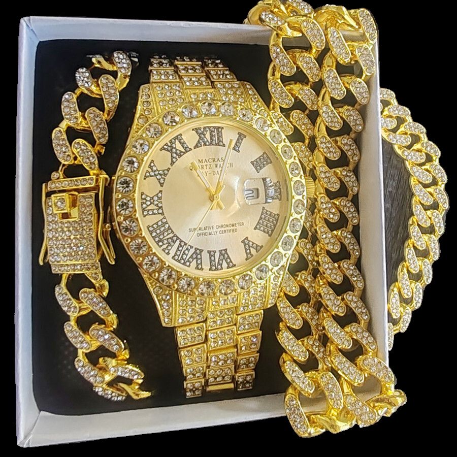 3pcs/set European American Hip-hop Men's Ice Watch Set Luxury Full Diamonds Gold Quartz Wrist Watch Golden Inlaid Blue Crystal Cuban Chain Bracelet Necklace Rapper hip hop Fashion Jewelry Accessory