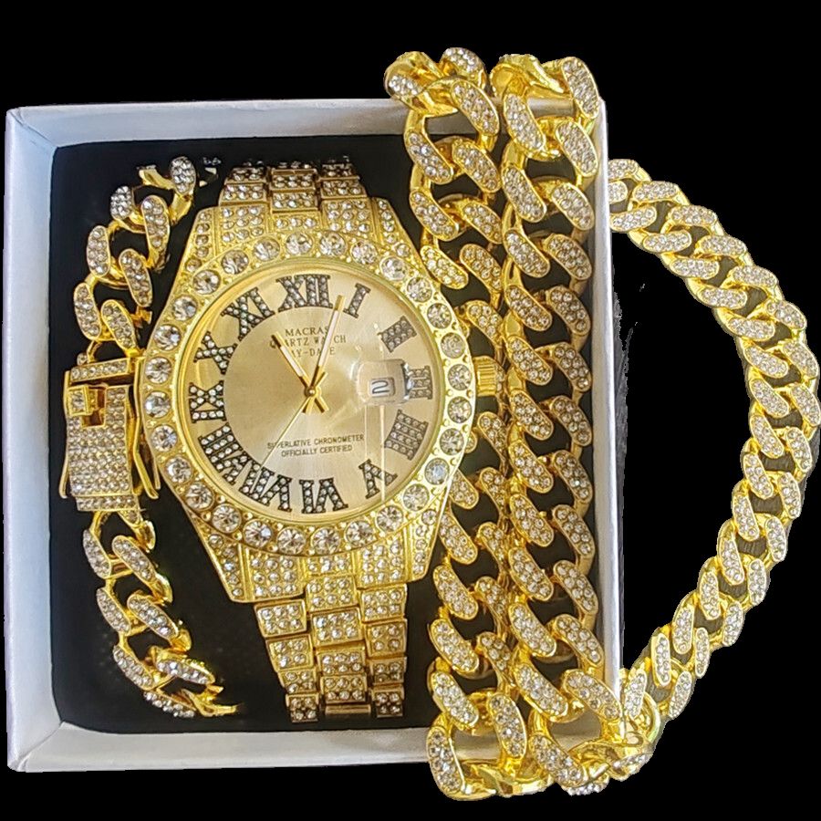 3pcs/set European American Hip-hop Men's Ice Watch Set Luxury Full Diamonds Gold Quartz Wrist Watch Golden Inlaid Blue Crystal Cuban Chain Bracelet Necklace Rapper hip hop Fashion Jewelry Accessory