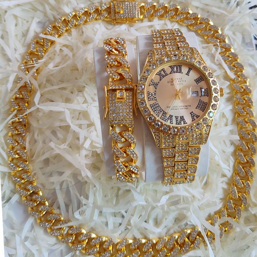 3pcs/set European American Hip-hop Men's Ice Watch Set Luxury Full Diamonds Gold Quartz Wrist Watch Golden Inlaid Blue Crystal Cuban Chain Bracelet Necklace Rapper hip hop Fashion Jewelry Accessory