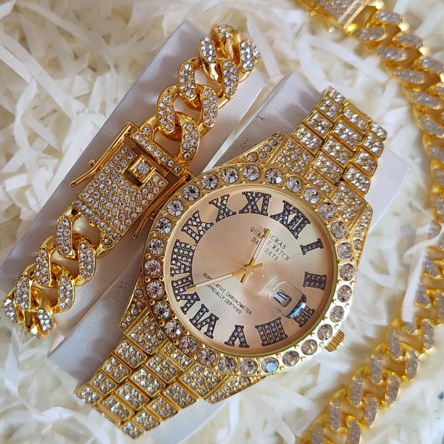 3pcs/set European American Hip-hop Men's Ice Watch Set Luxury Full Diamonds Gold Quartz Wrist Watch Golden Inlaid Blue Crystal Cuban Chain Bracelet Necklace Rapper hip hop Fashion Jewelry Accessory