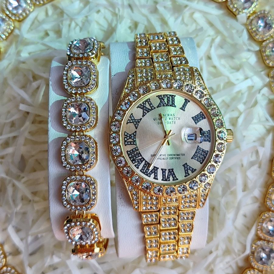 3pcs/set European American Hip-hop Men's Ice Watch Set Luxury Full Diamonds Gold Quartz Wrist Watch Golden Inlaid Blue Crystal Cuban Chain Bracelet Necklace Rapper hip hop Fashion Jewelry Accessory