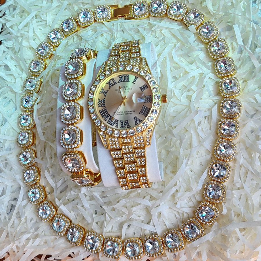 3pcs/set European American Hip-hop Men's Ice Watch Set Luxury Full Diamonds Gold Quartz Wrist Watch Golden Inlaid Blue Crystal Cuban Chain Bracelet Necklace Rapper hip hop Fashion Jewelry Accessory