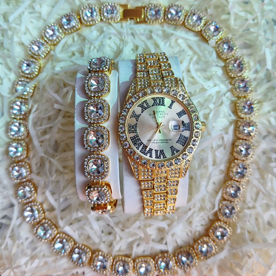 3pcs/set European American Hip-hop Men's Ice Watch Set Luxury Full Diamonds Gold Quartz Wrist Watch Golden Inlaid Blue Crystal Cuban Chain Bracelet Necklace Rapper hip hop Fashion Jewelry Accessory