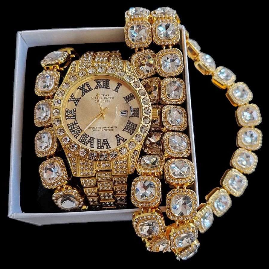 3pcs/set European American Hip-hop Men's Ice Watch Set Luxury Full Diamonds Gold Quartz Wrist Watch Golden Inlaid Blue Crystal Cuban Chain Bracelet Necklace Rapper hip hop Fashion Jewelry Accessory