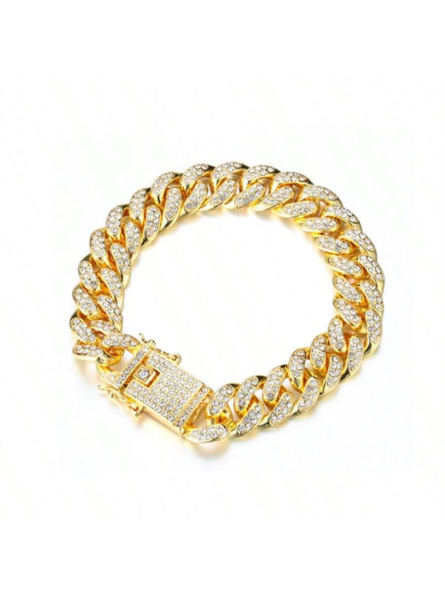 3pcs/set European American Hip-hop Men's Ice Watch Set Luxury Full Diamonds Gold Quartz Wrist Watch Golden Inlaid Blue Crystal Cuban Chain Bracelet Necklace Rapper hip hop Fashion Jewelry Accessory