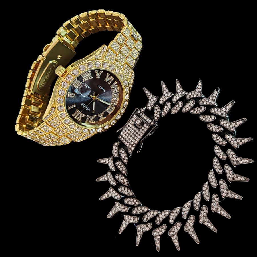2pcs/set High-End European American Style Hip-hop Men's Full Diamonds Quartz Watches Thorn Bracelet Jewelry Ice Watch Set Retro Versatile Trendy Men's Rock Band Evenings Parties Cool Watch Gift Set