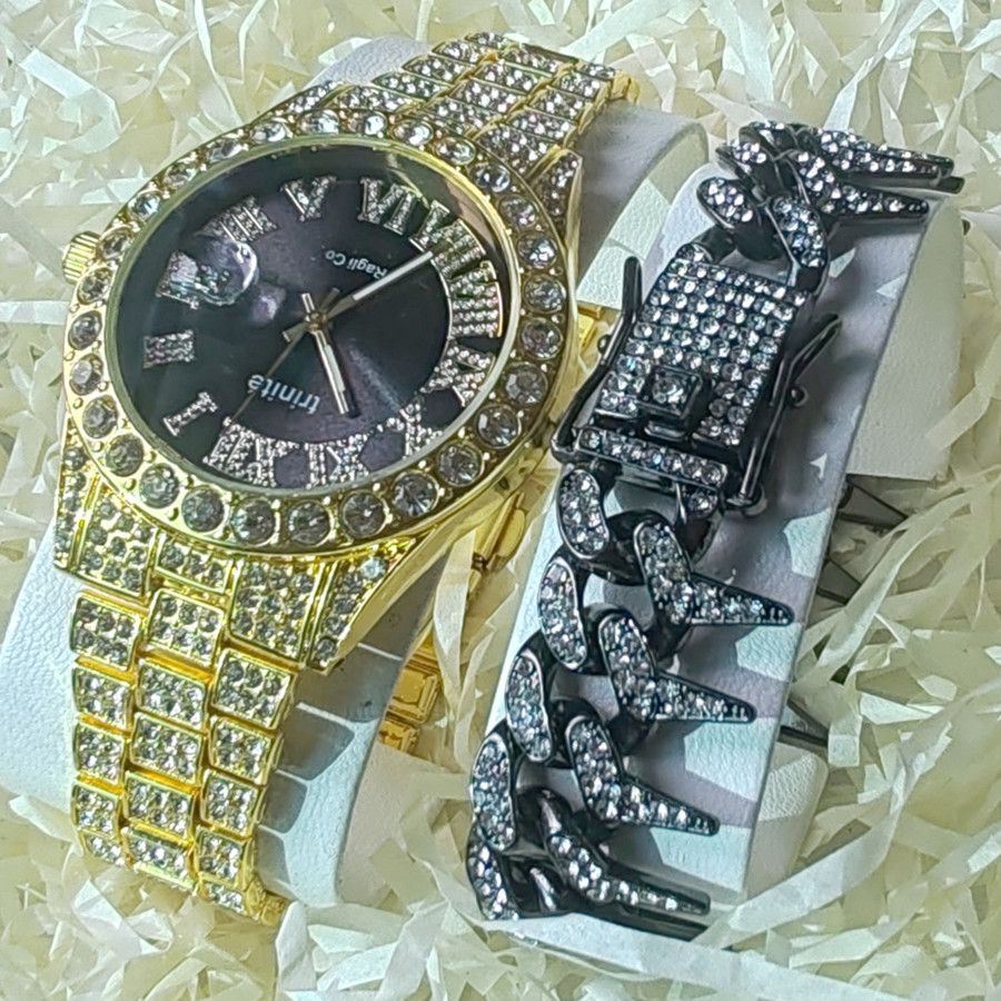 2pcs/set High-End European American Style Hip-hop Men's Full Diamonds Quartz Watches Thorn Bracelet Jewelry Ice Watch Set Retro Versatile Trendy Men's Rock Band Evenings Parties Cool Watch Gift Set