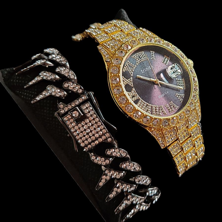 2pcs/set High-End European American Style Hip-hop Men's Full Diamonds Quartz Watches Thorn Bracelet Jewelry Ice Watch Set Retro Versatile Trendy Men's Rock Band Evenings Parties Cool Watch Gift Set