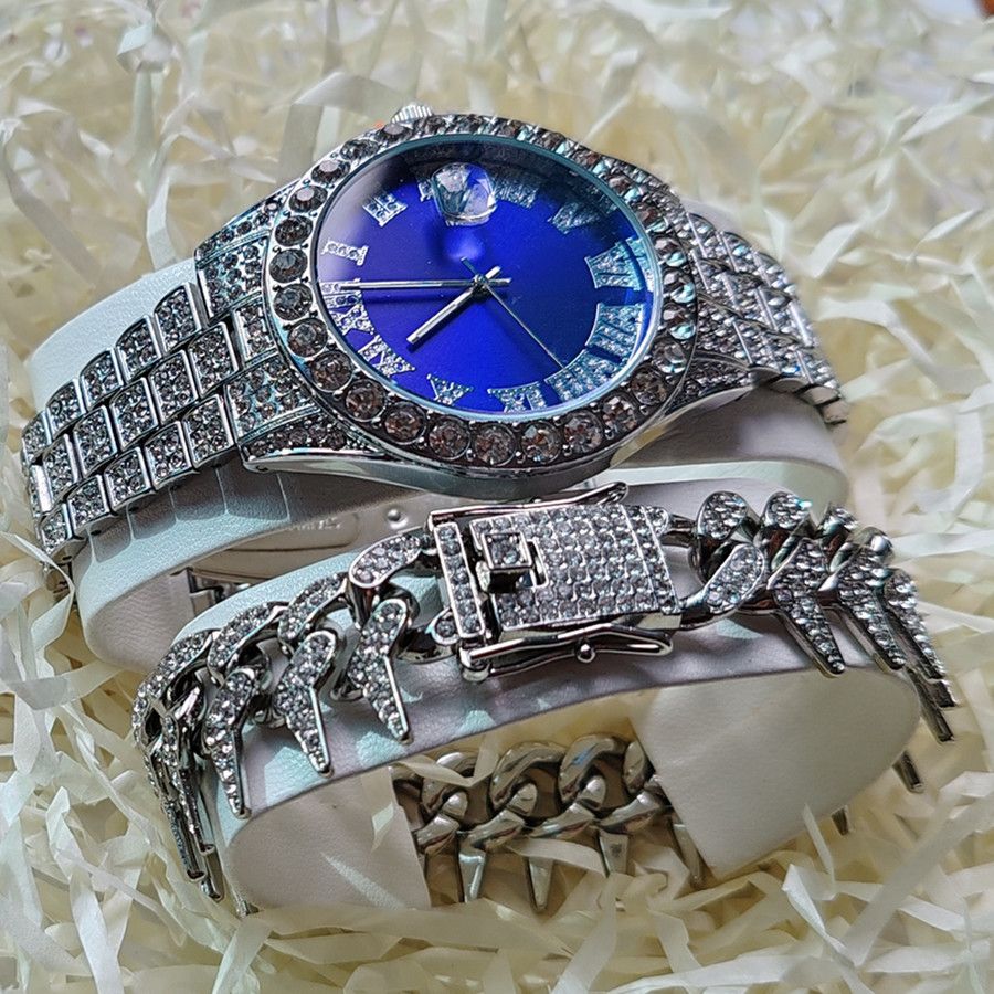 2pcs/set High-End European American Style Hip-hop Men's Full Diamonds Quartz Watches Thorn Bracelet Jewelry Ice Watch Set Retro Versatile Trendy Men's Rock Band Evenings Parties Cool Watch Gift Set