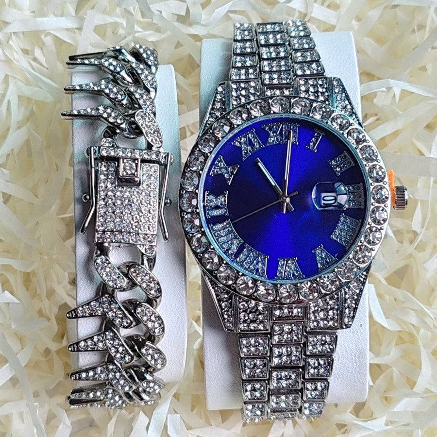 2pcs/set High-End European American Style Hip-hop Men's Full Diamonds Quartz Watches Thorn Bracelet Jewelry Ice Watch Set Retro Versatile Trendy Men's Rock Band Evenings Parties Cool Watch Gift Set