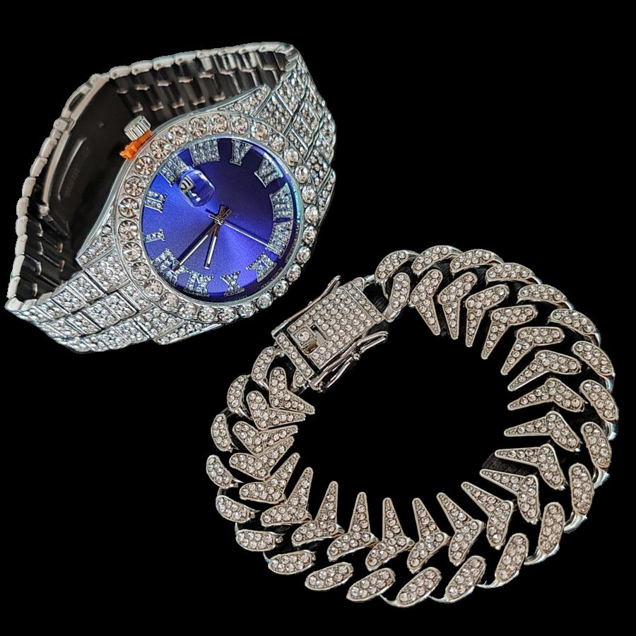 2pcs/set High-End European American Style Hip-hop Men's Full Diamonds Quartz Watches Thorn Bracelet Jewelry Ice Watch Set Retro Versatile Trendy Men's Rock Band Evenings Parties Cool Watch Gift Set
