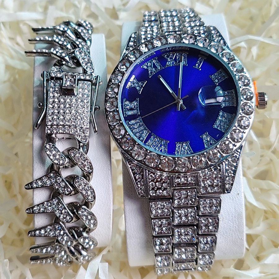 2pcs/set High-End European American Style Hip-hop Men's Full Diamonds Quartz Watches Thorn Bracelet Jewelry Ice Watch Set Retro Versatile Trendy Men's Rock Band Evenings Parties Cool Watch Gift Set
