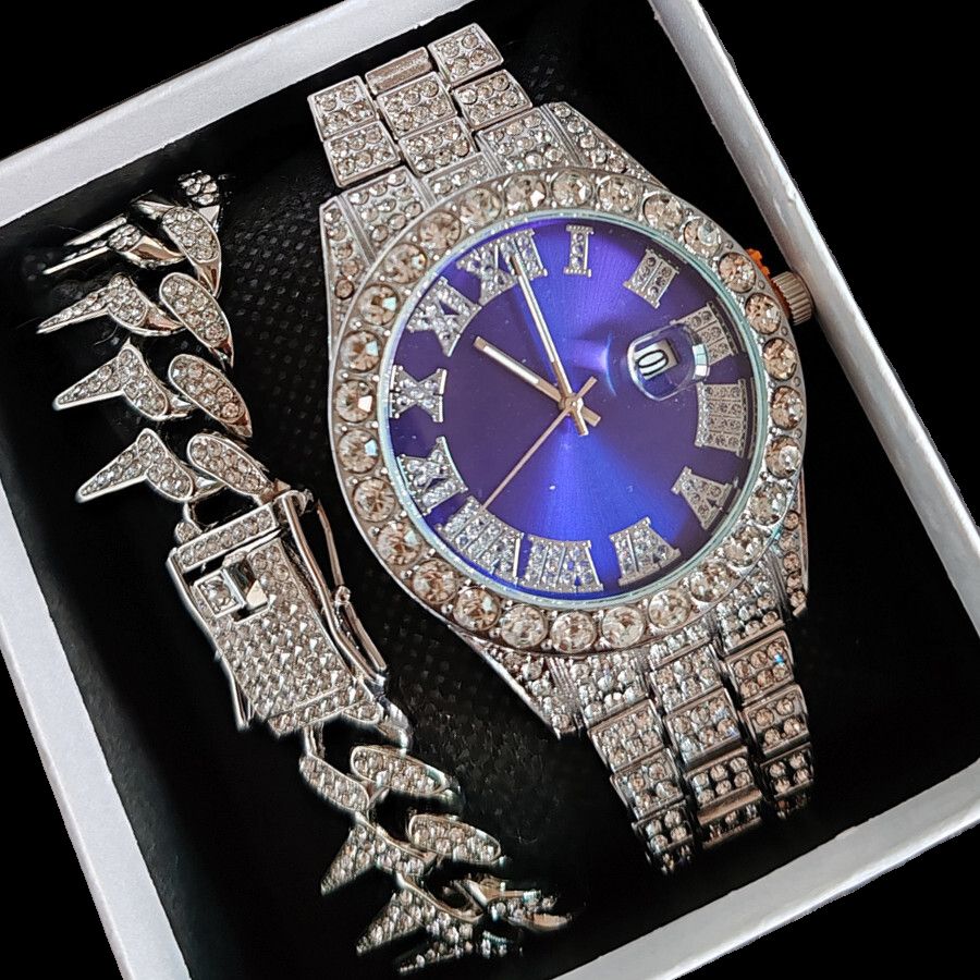 2pcs/set High-End European American Style Hip-hop Men's Full Diamonds Quartz Watches Thorn Bracelet Jewelry Ice Watch Set Retro Versatile Trendy Men's Rock Band Evenings Parties Cool Watch Gift Set