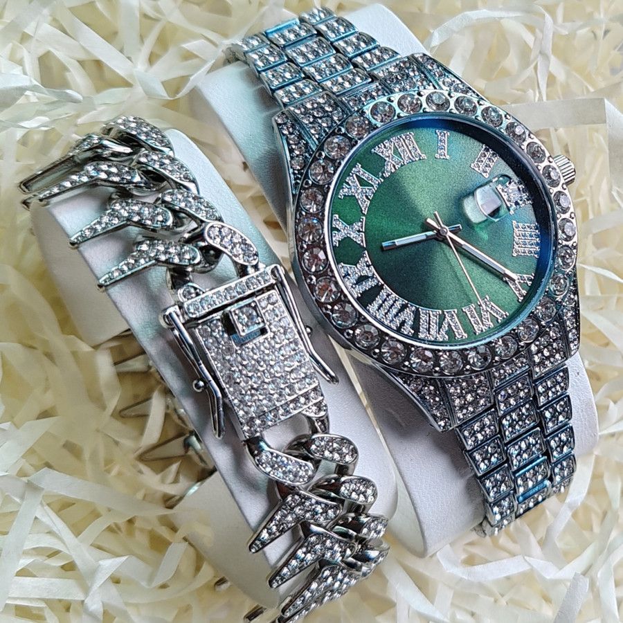 2pcs/set High-End European American Style Hip-hop Men's Full Diamonds Quartz Watches Thorn Bracelet Jewelry Ice Watch Set Retro Versatile Trendy Men's Rock Band Evenings Parties Cool Watch Gift Set