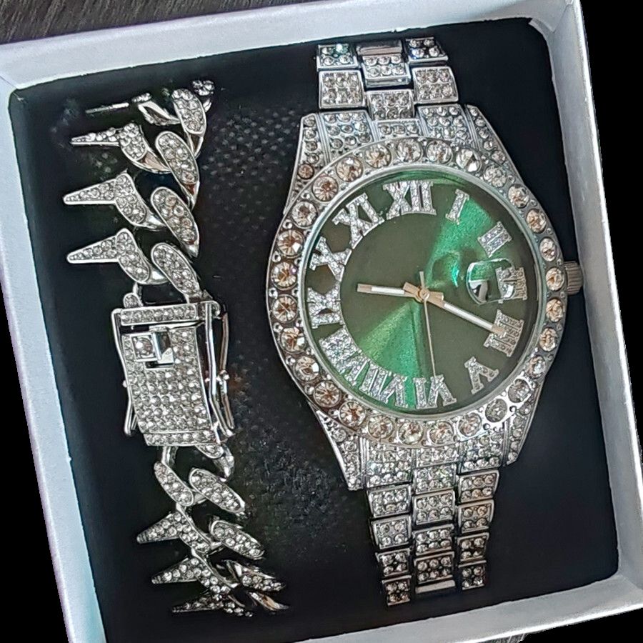 2pcs/set High-End European American Style Hip-hop Men's Full Diamonds Quartz Watches Thorn Bracelet Jewelry Ice Watch Set Retro Versatile Trendy Men's Rock Band Evenings Parties Cool Watch Gift Set