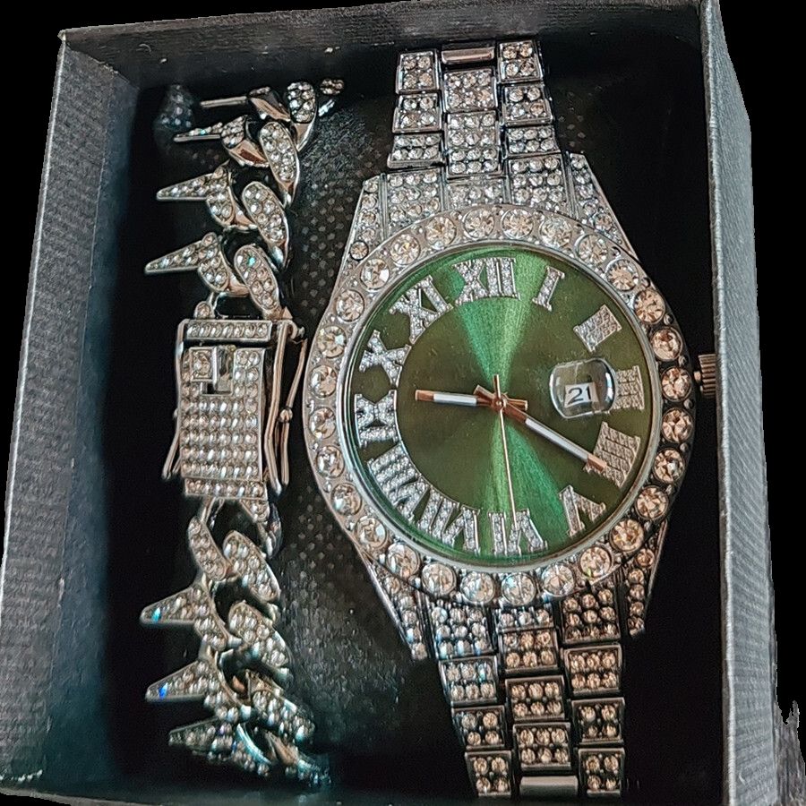 2pcs/set High-End European American Style Hip-hop Men's Full Diamonds Quartz Watches Thorn Bracelet Jewelry Ice Watch Set Retro Versatile Trendy Men's Rock Band Evenings Parties Cool Watch Gift Set