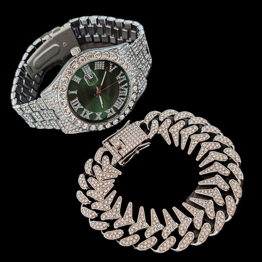 2pcs/set High-End European American Style Hip-hop Men's Full Diamonds Quartz Watches Thorn Bracelet Jewelry Ice Watch Set Retro Versatile Trendy Men's Rock Band Evenings Parties Cool Watch Gift Set