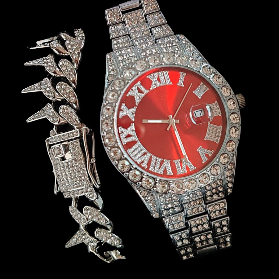 2pcs/set High-End European American Style Hip-hop Men's Full Diamonds Quartz Watches Thorn Bracelet Jewelry Ice Watch Set Retro Versatile Trendy Men's Rock Band Evenings Parties Cool Watch Gift Set