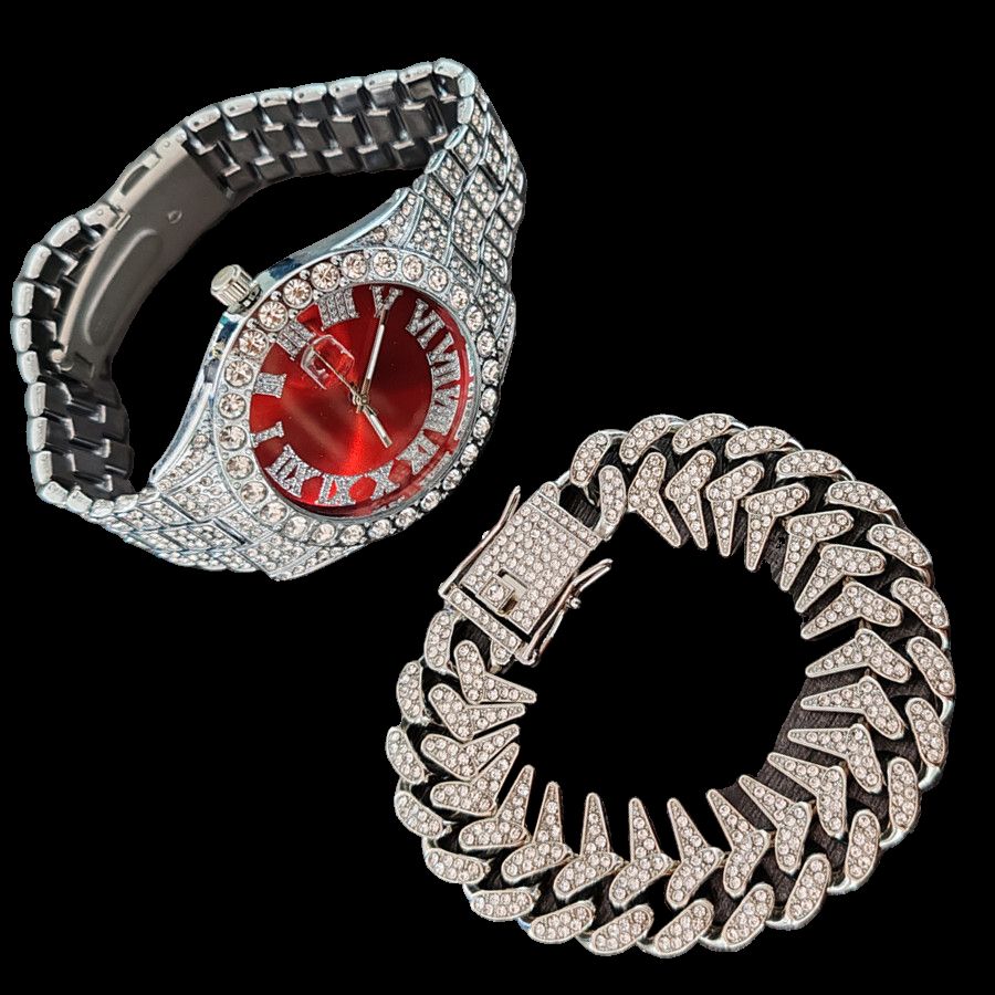 2pcs/set High-End European American Style Hip-hop Men's Full Diamonds Quartz Watches Thorn Bracelet Jewelry Ice Watch Set Retro Versatile Trendy Men's Rock Band Evenings Parties Cool Watch Gift Set
