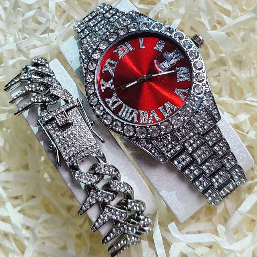 2pcs/set High-End European American Style Hip-hop Men's Full Diamonds Quartz Watches Thorn Bracelet Jewelry Ice Watch Set Retro Versatile Trendy Men's Rock Band Evenings Parties Cool Watch Gift Set