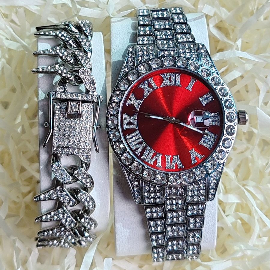 2pcs/set High-End European American Style Hip-hop Men's Full Diamonds Quartz Watches Thorn Bracelet Jewelry Ice Watch Set Retro Versatile Trendy Men's Rock Band Evenings Parties Cool Watch Gift Set