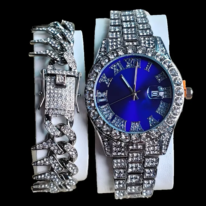 2pcs/set High-End European American Style Hip-hop Men's Full Diamonds Quartz Watches Thorn Bracelet Jewelry Ice Watch Set Retro Versatile Trendy Men's Rock Band Evenings Parties Cool Watch Gift Set