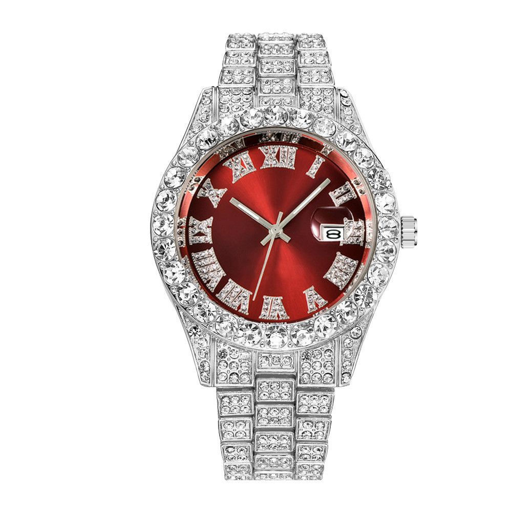 2pcs/set High-End European American Style Hip-hop Men's Full Diamonds Quartz Watches Thorn Bracelet Jewelry Ice Watch Set Retro Versatile Trendy Men's Rock Band Evenings Parties Cool Watch Gift Set