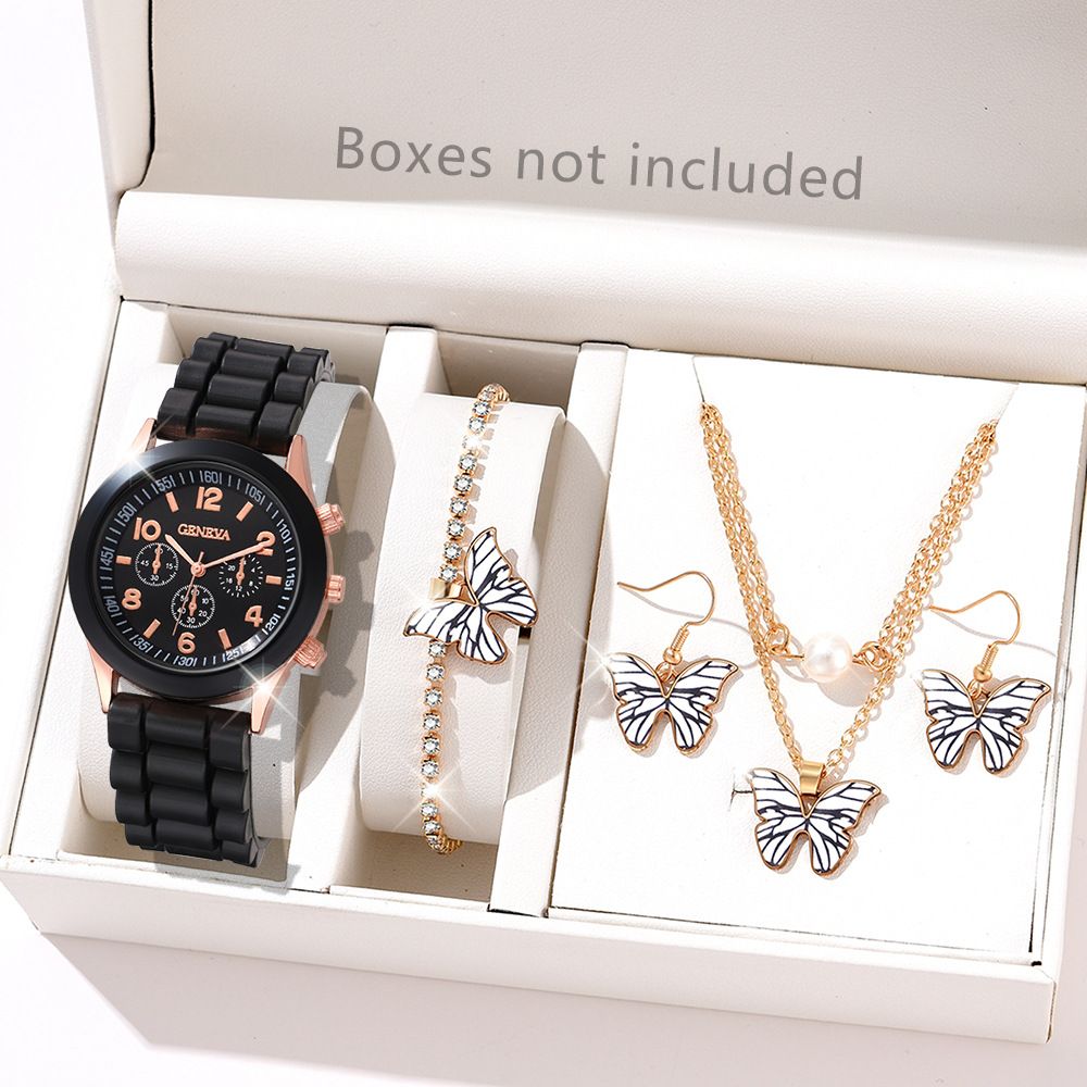 African Popular Watches+Bracelets+earrings+Neckale Women Dress Jewelry Set Butterfly Heart Style Lady Dress Jewelry Girls Students Classmates Birthday Gifts Partis Accessories