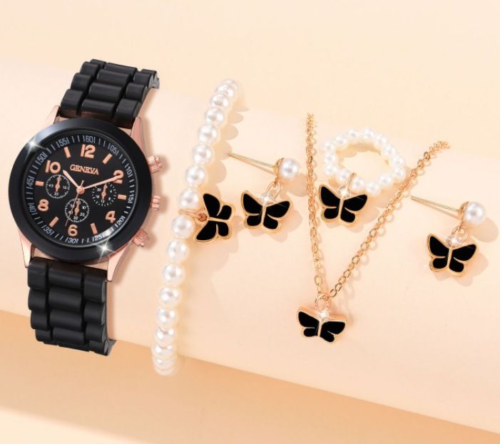 African Popular Watches+Bracelets+earrings+Neckale Women Dress Jewelry Set Butterfly Heart Style Lady Dress Jewelry Girls Students Classmates Birthday Gifts Partis Accessories
