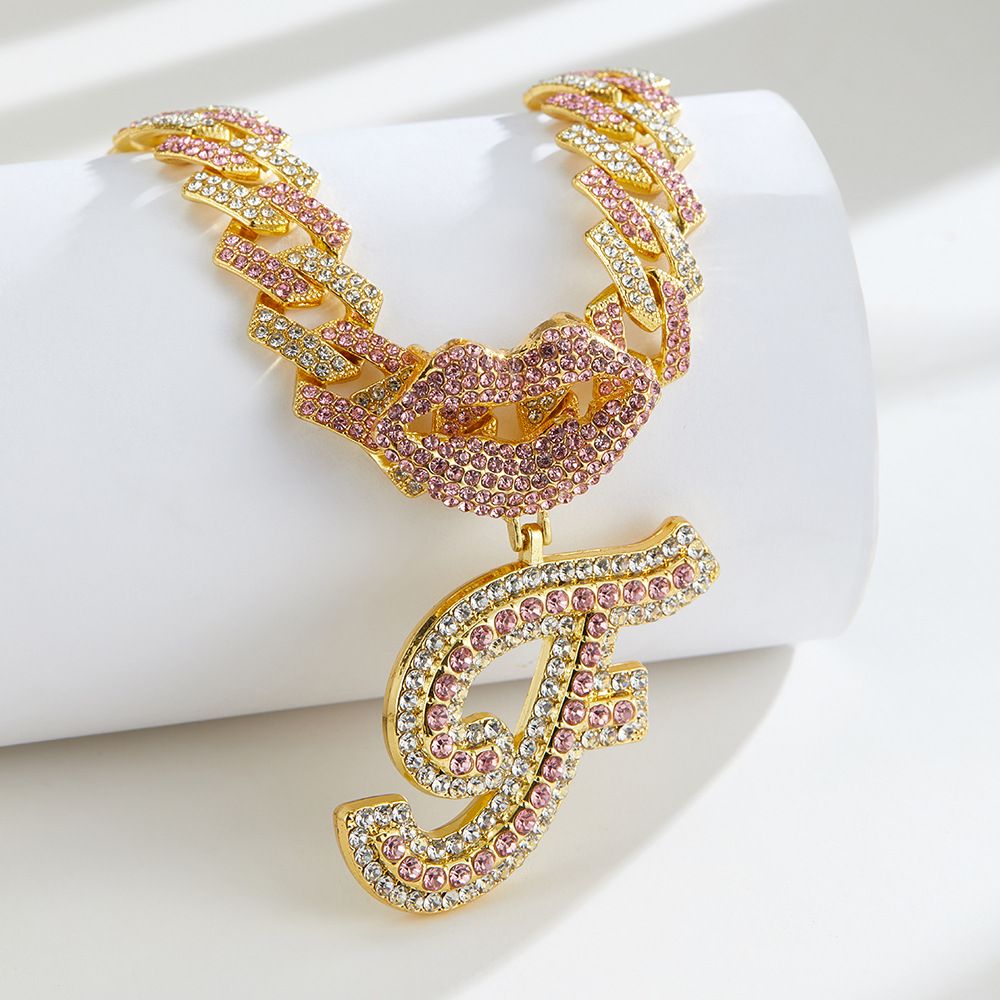 European and American Popular 26 Letter Pendants Hip-hop Personality Diamond Gold Cuban Chain Ice Necklace Jewelry Fashion Trend Couple Rapper Accessories