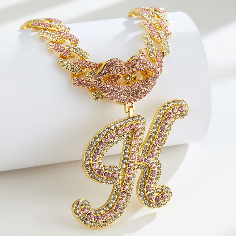 European and American Popular 26 Letter Pendants Hip-hop Personality Diamond Gold Cuban Chain Ice Necklace Jewelry Fashion Trend Couple Rapper Accessories