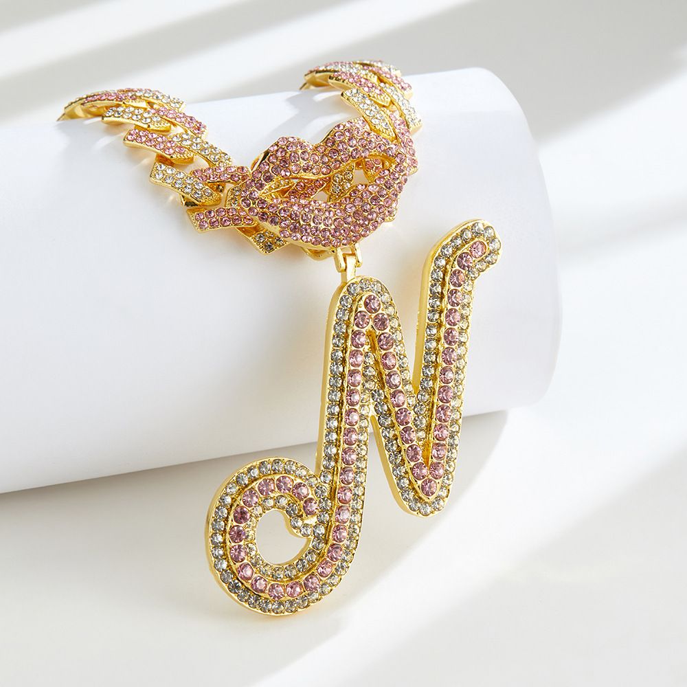 European and American Popular 26 Letter Pendants Hip-hop Personality Diamond Gold Cuban Chain Ice Necklace Jewelry Fashion Trend Couple Rapper Accessories