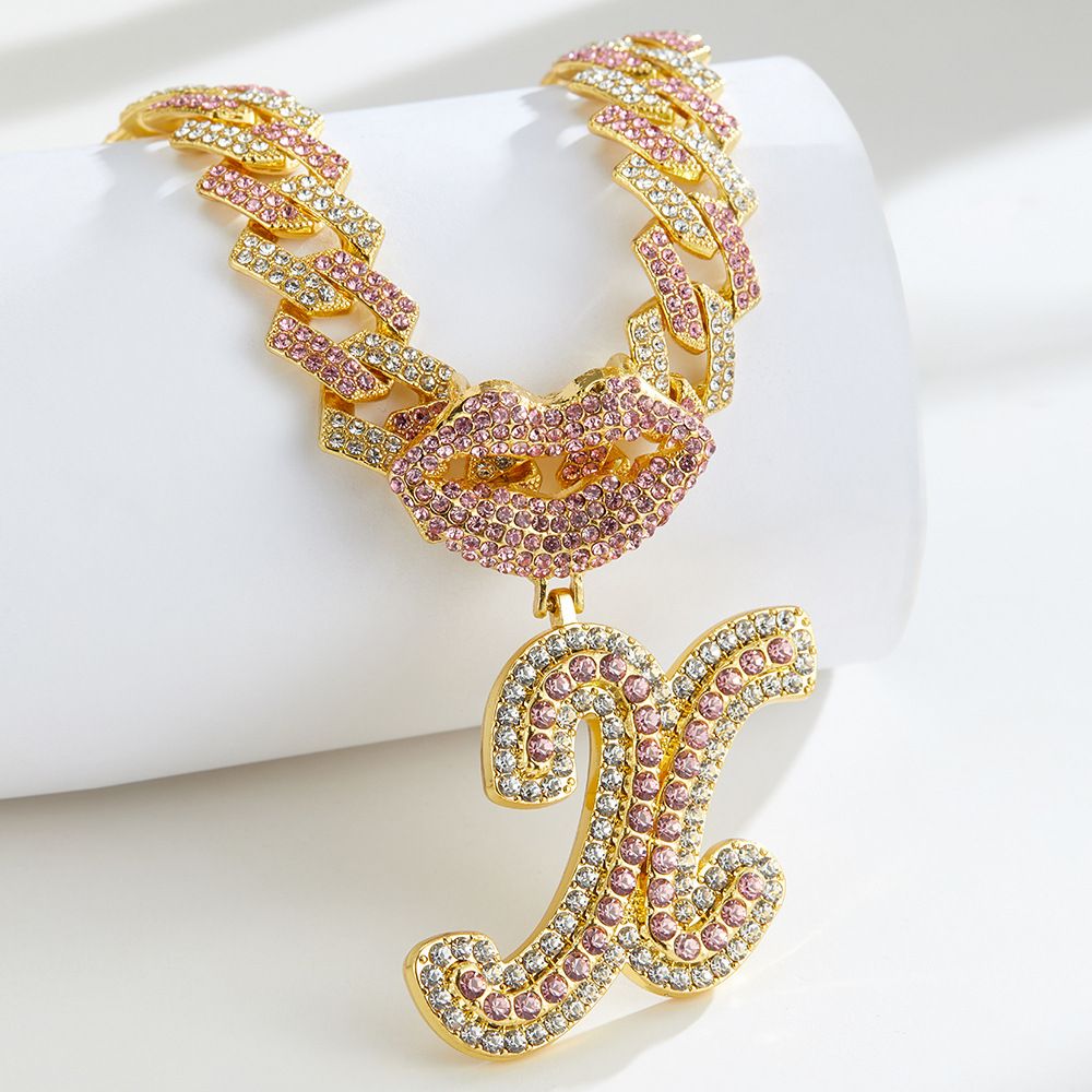 European and American Popular 26 Letter Pendants Hip-hop Personality Diamond Gold Cuban Chain Ice Necklace Jewelry Fashion Trend Couple Rapper Accessories