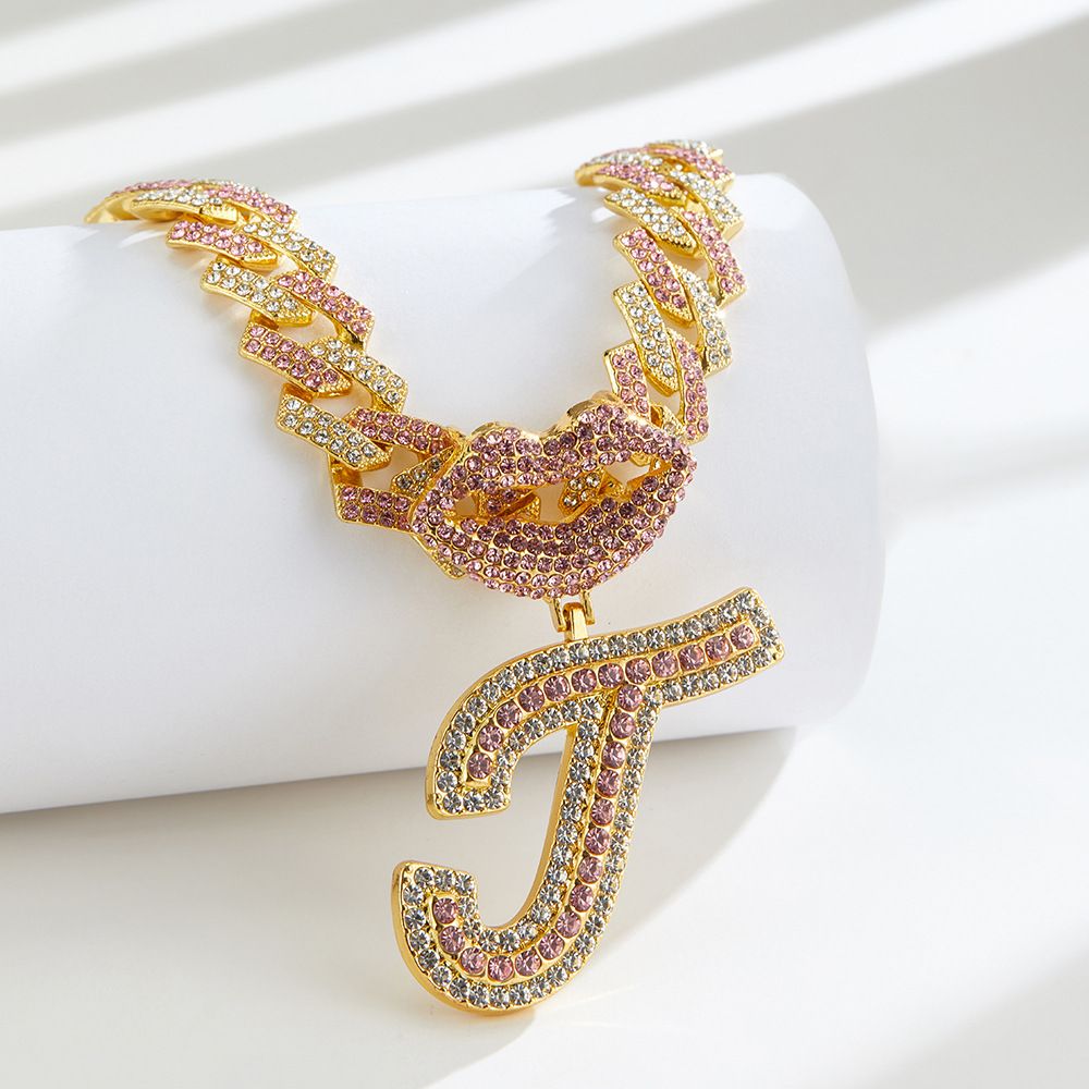 European and American Popular 26 Letter Pendants Hip-hop Personality Diamond Gold Cuban Chain Ice Necklace Jewelry Fashion Trend Couple Rapper Accessories