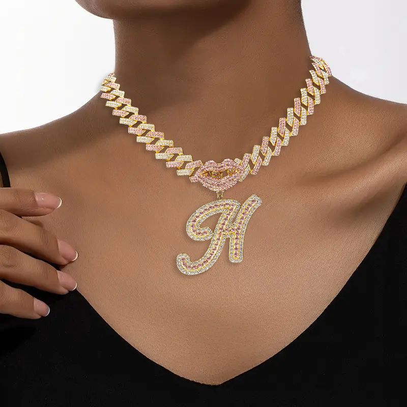 European and American Popular 26 Letter Pendants Hip-hop Personality Diamond Gold Cuban Chain Ice Necklace Jewelry Fashion Trend Couple Rapper Accessories