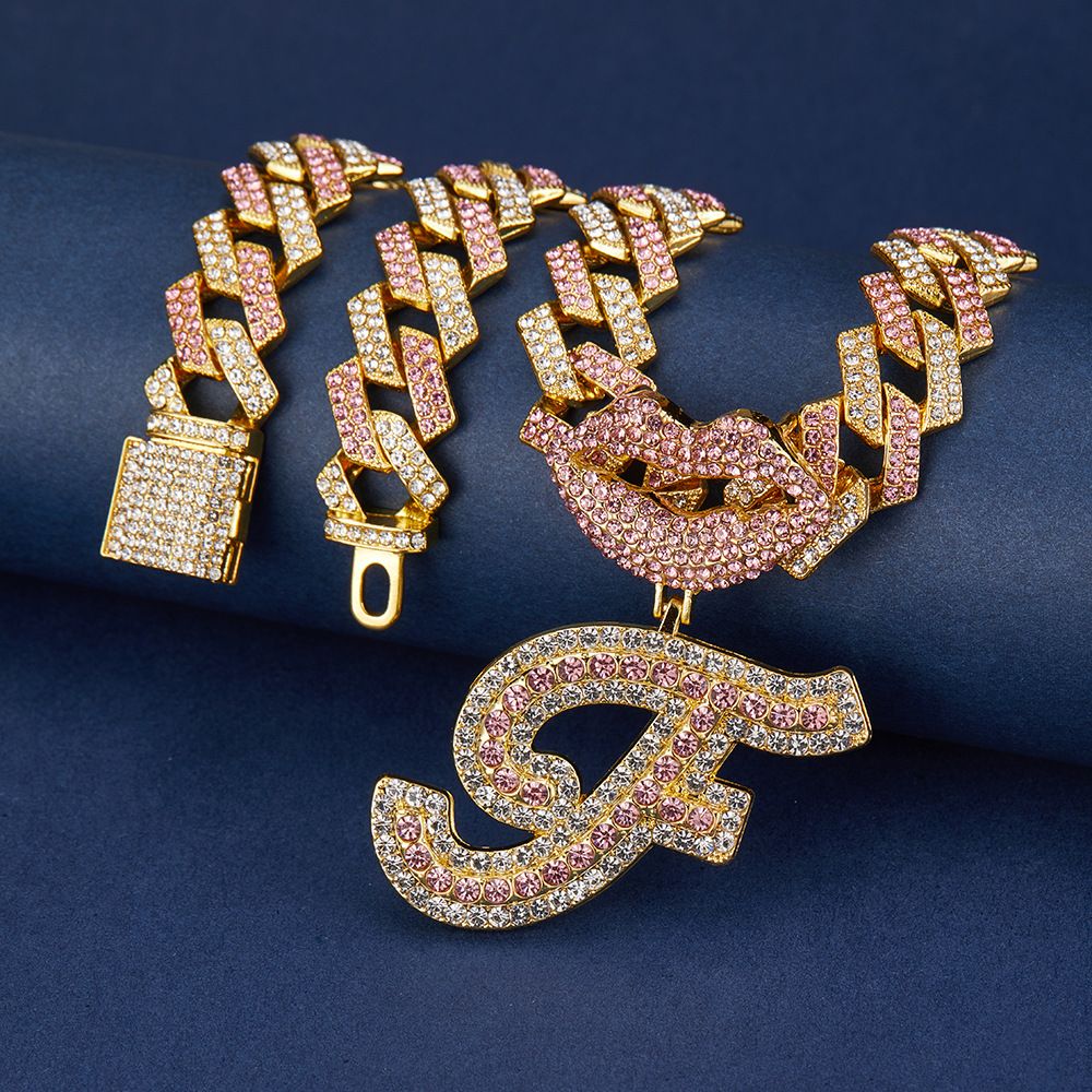 European and American Popular 26 Letter Pendants Hip-hop Personality Diamond Gold Cuban Chain Ice Necklace Jewelry Fashion Trend Couple Rapper Accessories