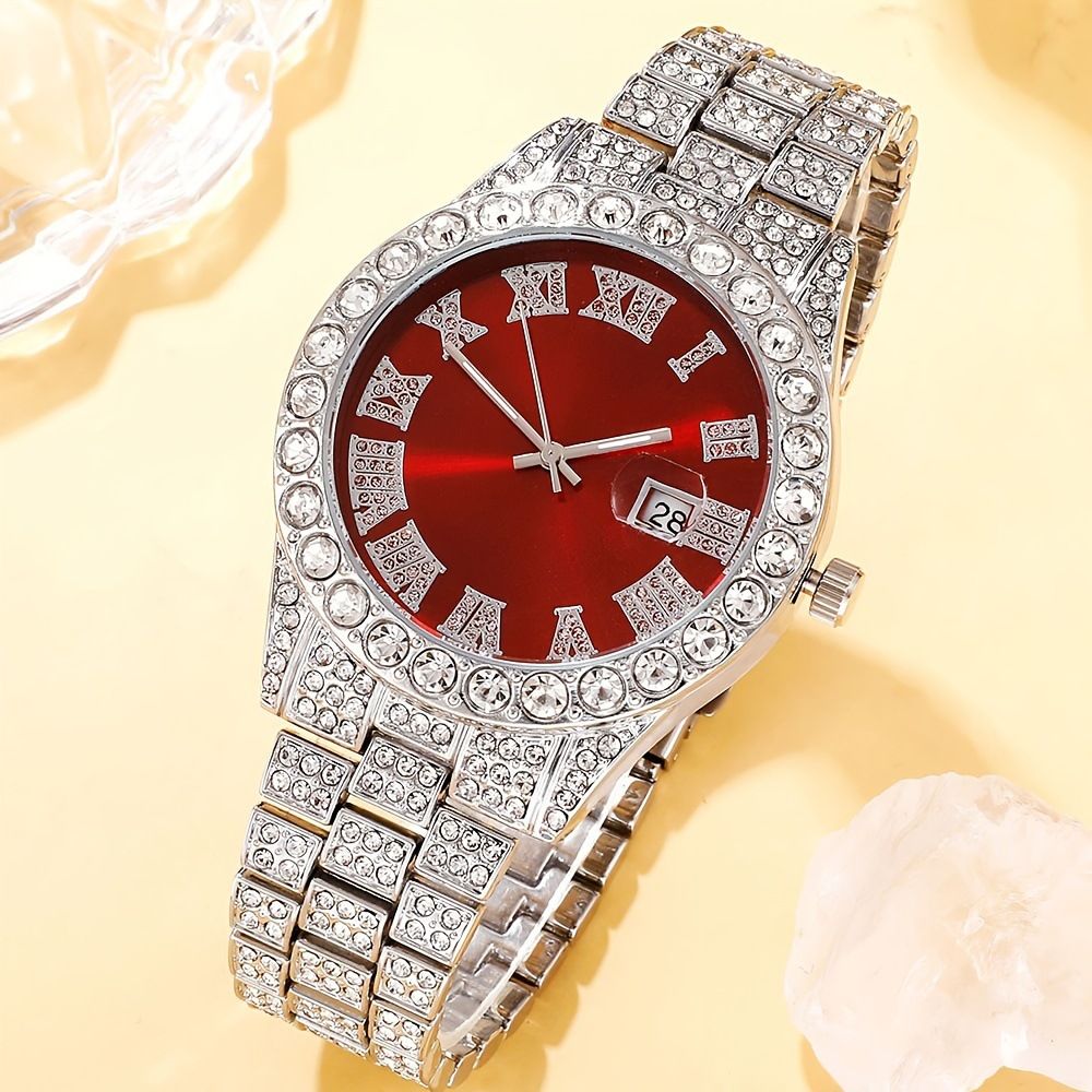 3pcs/set European and American Hip-hop Men's Watch Bracelet Necklace Fashion Roman Pattern Full Diamond Calendar Quartz Watch High-quality Diamond Inlaid Cuban Chain Men's Women' Ice Watch Jewelry Set