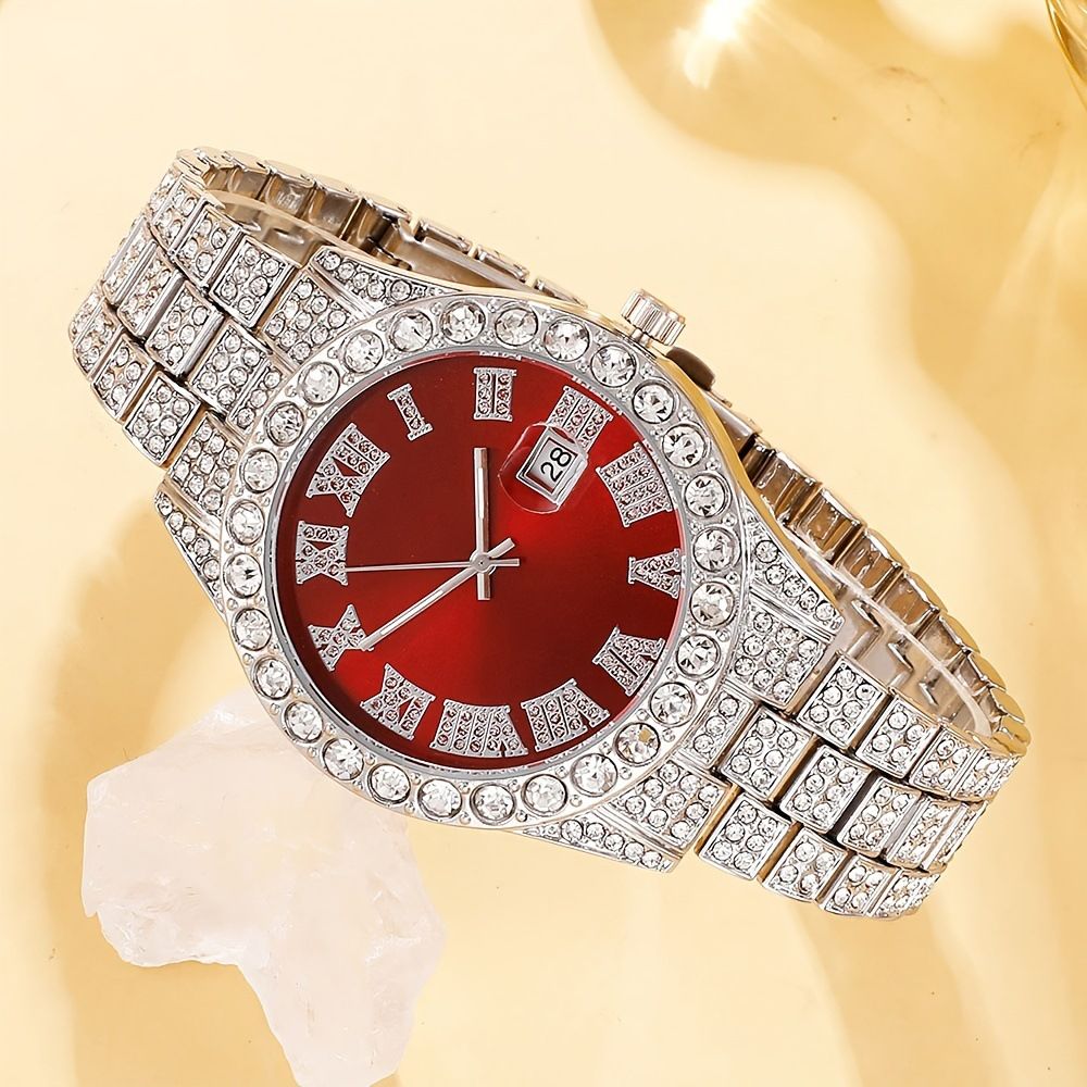 3pcs/set European and American Hip-hop Men's Watch Bracelet Necklace Fashion Roman Pattern Full Diamond Calendar Quartz Watch High-quality Diamond Inlaid Cuban Chain Men's Women' Ice Watch Jewelry Set
