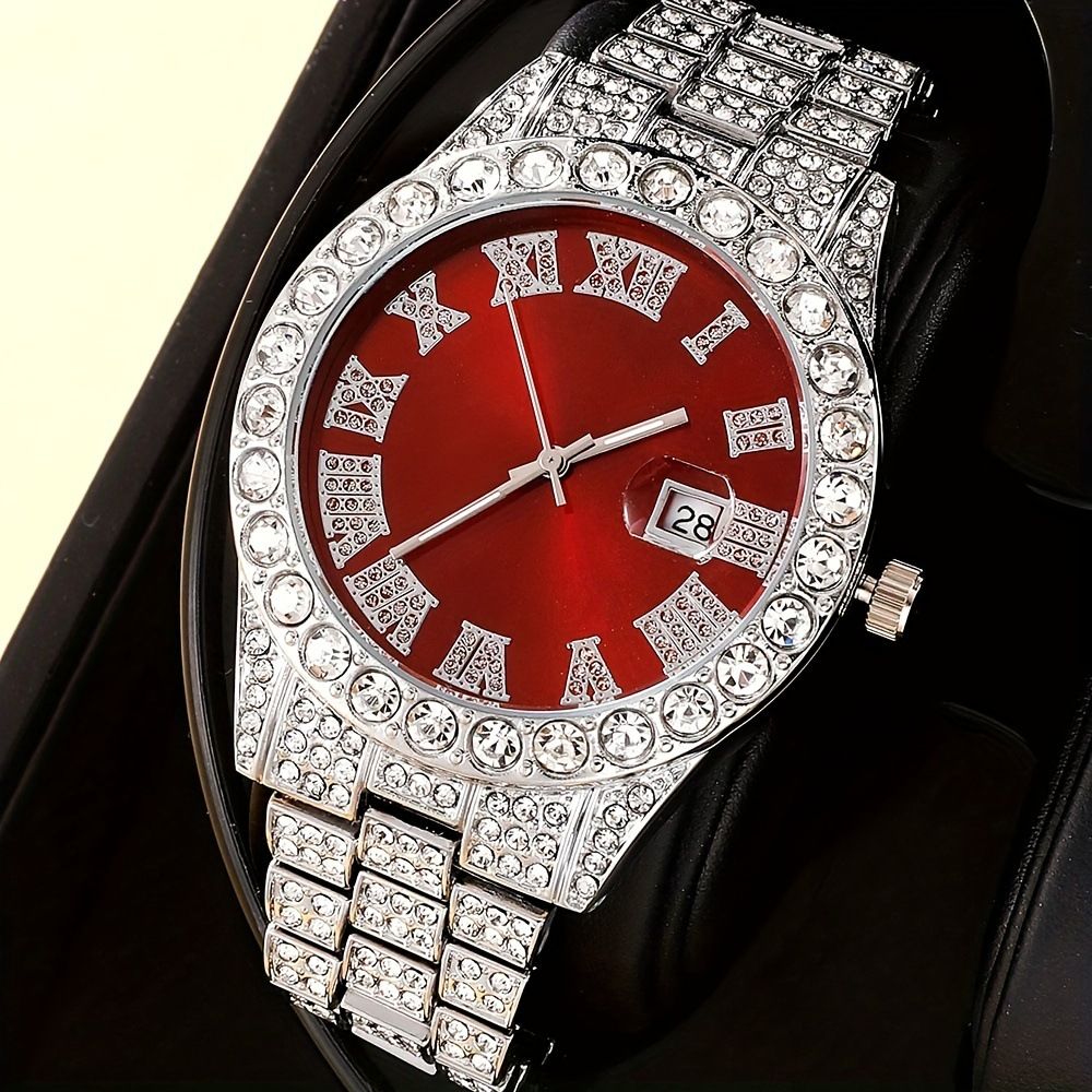 3pcs/set European and American Hip-hop Men's Watch Bracelet Necklace Fashion Roman Pattern Full Diamond Calendar Quartz Watch High-quality Diamond Inlaid Cuban Chain Men's Women' Ice Watch Jewelry Set