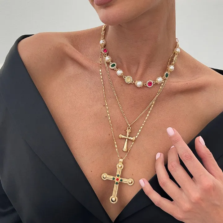 Salircon 3pcs/set Fashion Luxury Imitation Pearl Rhinestone Flower Beads Choker Necklace Men Exquisite Cross Pendant Jewelry