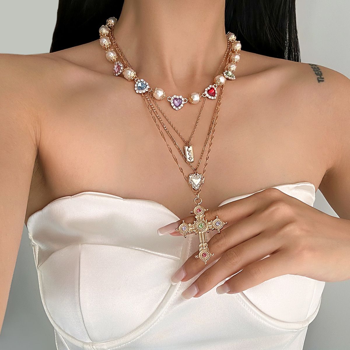 Salircon 3pcs/set Fashion Luxury Imitation Pearl Rhinestone Flower Beads Choker Necklace Men Exquisite Cross Pendant Jewelry