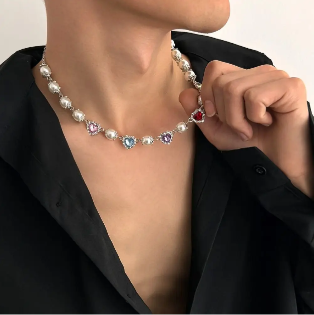 Salircon 3pcs/set Fashion Luxury Imitation Pearl Rhinestone Flower Beads Choker Necklace Men Exquisite Cross Pendant Jewelry